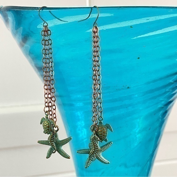 2/$29 Handmade Long Metal Dangle Statement Earrings Turtle Starfish Seahorse - Picture 1 of 5